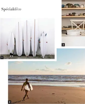  ??  ?? 1. et 2. La fierté d’avoir créé soi-même sa planche de surf, chez Shaper House, à Biarritz, et le plaisir de profiter de la mer en sortant du Carlina Lodge, en face de la Côte des Basques. 3 et 4. L’atelier et les créations de Fabienne Rossi. Elle propose des stages d’initiation aux clients de l’hôtel Casadelmar, à Porto-Vecchio.