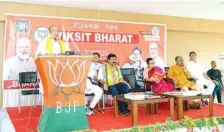  ?? ANI ?? Manipur Chief Minister N. Biren Singh speaking at the release of the BJP’s poll manifesto at Nityaipat Chuthek, Imphal, on Wednesday.