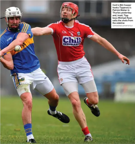  ?? SAM BARNES/SPORTSFILE ?? Cork’s Bill Cooper hooks Tipperary’s Patrick Maher in Thurles yesterday and, inset, Tipp boss Michael Ryan calls the shots from the sideline