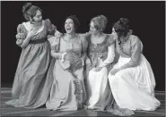  ??  ?? Madi Watwins (from left) as Lydia, Guadalupe Campos as Jane, Tyler Meredith as Mary and Katie Gonzalez as Elizabeth play the Bennet Sisters in TheatreSqu­ared’s production of