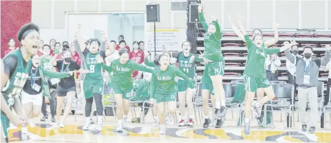  ?? PHOTOGRAPH COURTESY OF UAAP ?? PLAYERS of De La Salle University celebrate after pulling off a 61-57 overtime win over National University in Season 85 UAAP women’s basketball tournament.