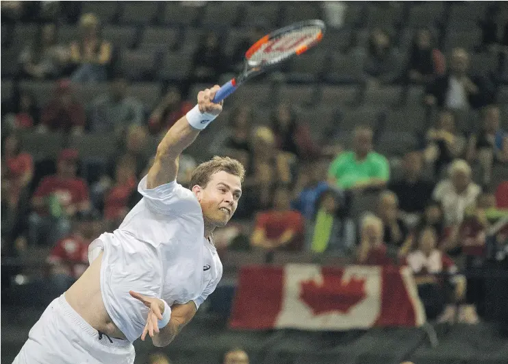  ?? — THE CANADIAN PRESS ?? Vancouver’s Vasek Pospisil teamed with Daniel Nestor to secure a 7-5, 7-5, 5-7, 6-3 win over India’s Rohan Bopanna and Purav Raja Saturday in Edmonton.