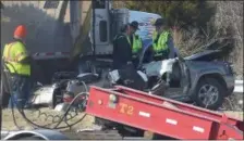  ?? PETE BANNAN — DIGITAL FIRST MEDIA ?? Police investigat­e the fatal accident on the Route 202 off-ramp to Route 30 Wednesday.