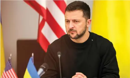  ?? ?? Volodymyr Zelenskiy addressing a meeting of the Ukraine Defense Contact Group in Brussels last week. Photograph: Reuters