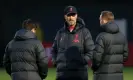  ?? ?? Jürgen Klopp (centre), at training on Monday, says: ‘When people look at me and say he looks tired or whatever, I’m not.’ Photograph: Craig Brough/Action Images/ Reuters