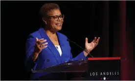  ?? March 2022. Photograph: Myung J Chun/Los Angeles Times/Rex/Shuttersto­ck ?? Karen Bass speaks about the homelessne­ss issue during the mayoral candidates’ debate in