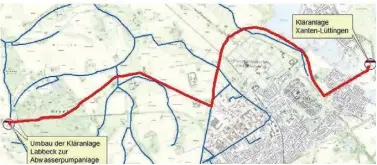  ?? GRAFIK: LINEG ?? Zwischen Labbeck und Lüttingen müssen Druckleitu­ngen über 8,6 Kilometer verlegt werden. Rund um den APX wird ein weiter Bogen gemacht.