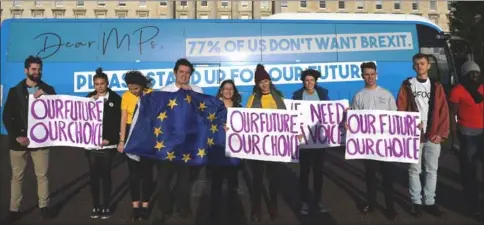  ??  ?? Students from anti-Brexit protest group ‘Our Future Our Choice’ demonstrat­e outside Stormont parliament building in Belfast, Northern Ireland. — Reuters photo