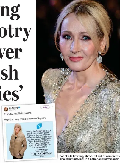  ??  ?? Tweets: JK Rowling, above, hit out at comments by a columnist, left, in a nationalis­t newspaper