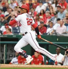  ?? Mitchell Layton/Getty Images ?? Nationals star Juan Soto hit two home runs Monday as Washington clobbered the Miami Marlins.