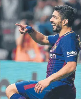  ?? FOTO: SIRVENT ?? Luis Suárez celebra uno de sus dos goles ayer en el Wanda Metropolit­ano