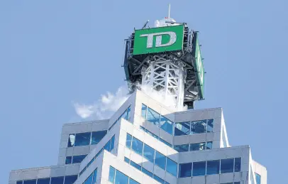  ?? REUTERS FILE ?? The TD bank logo is seen on top of the Toronto Dominion Canada Trust Tower in Toronto, March 16, 2017.