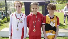  ??  ?? Under-13 Turbo Javelin: Oisin O’Malley Greystones AC (second), Daniel Quirk (first) Greystones AC, and Oscar Durston (third) Ashford AC.