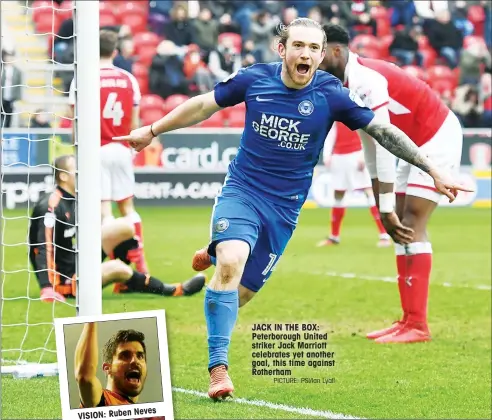  ?? PICTURE: PSI/Ian Lyall ?? JACK IN THE BOX: Peterborou­gh United striker Jack Marriott celebrates yet another goal, this time against Rotherham