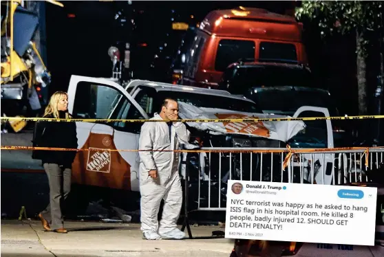  ?? Bild: TT, TWITTER ?? TALAR KLARSPRÅK. USA:S president Donald Trump skriver på Twitter att mannen som misstänkts för terrordåde­t i New York borde dömas till döden.