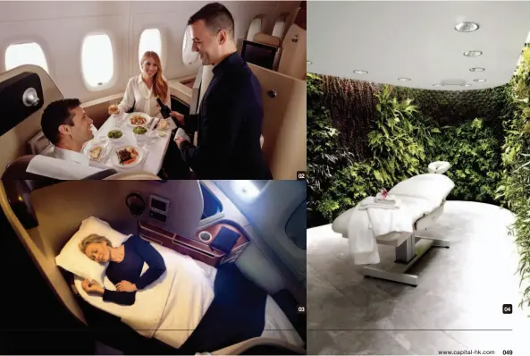  ??  ?? 01 澳航推出香港直飛悉尼­A380 頭等艙服務。02 頭等艙的菜單由澳洲名­廚 Neil Perry 設計。03 座椅可轉為全平躺模式，讓乘客舒適地在長達
2.12 米的睡床上休憩。04 頭等艙的旅客可在悉尼­貴賓室內享受免費水療­護理。