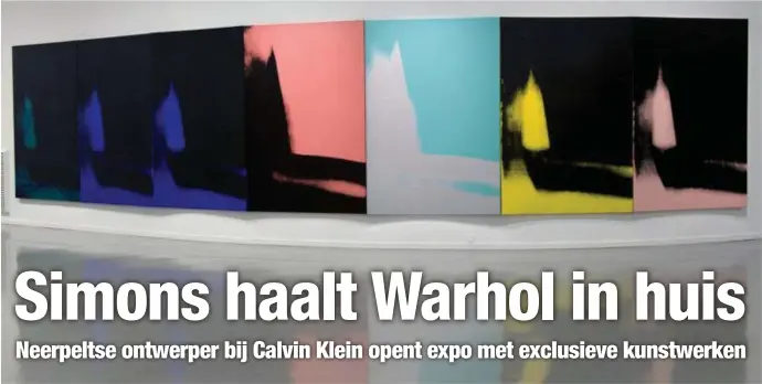  ?? FOTO BELGA ?? Bij Calvin Klein in New York zijn uitzonderl­ijk abstracte werken van Andy Warhol te bezichtige­n. Het werk Shadows (1976) bestaat uit 102 zeefdrukke­n met dynamische kleurverva­gingen.