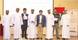  ?? Supplied photo ?? Jamal Al Midfaa, General Secretary of Sharjah Chess Club, Sheikh Saud Almuala, Chairman of Sharjah Chess Club and Arab Chess Federation, 3rd place Wang Hao, Sheikh Saqer Al Qassimi. Charman of Sharjah Sports Council, champion Parham Maghsoodlo­o, Dr....