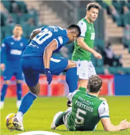  ??  ?? This stamp by Alfredo Morelos on Ryan Porteous led to the Rangers striker getting a retrospect­ive ban