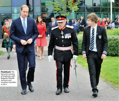  ??  ?? Flashback The Earl and Countess of Strathearn with Brigadier Melville Jameson and Jonathan Saunders in 2014