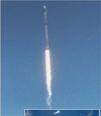  ?? AP PhOTOS ?? TAKING FLIGHT: Spectators watch, right, as a SpaceX Falcon 9 rocket heads skyward yesterday after being launched from Vandenberg Air Force Base in California.