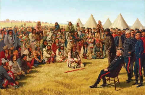  ??  ?? Poundmaker (seated with peace pipe) surrenders to Major-General Frederick Middleton at Battleford on May 26, 1885.
