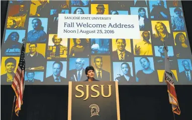  ?? KARLMONDON/STAFF PHOTOS ?? San Jose State’s new president, Mary Papazian, delivers a fall welcome address Thursday, the second day of school, to students and faculty. Papazian was named president in late January and officially began July 1. Her salary will be $371,000.