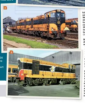  ?? RAIL PHOTOPRINT­S ?? 2: ‘121s’ 124 and 122 stand at Limerick with a railtour on September 13 1986. Work had started to equip the ‘121s’ with 1,100hp engines. The solebar handrails are visible, as are the multiple working sockets just above the buffers. BERT WYNN/ 3: Iarnród Éireann started to refurbish the ‘121’ fleet in 2001/2002. 124 has lost its solebar louvres and has had two cab front windows plated over. Only 123, 124, 131 and 134 were refurbishe­d before CIÉ decided to withdraw the ‘121s’ instead. COLIN BOOCOCK