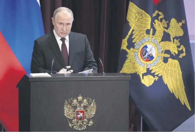  ?? ?? Russia’s president Vladimir Putin tells the annual extended meeting of the board of the Russian interior ministry yesterday that he will track down the mastermind­s of the Moscow concert hall attack that left 144 people dead