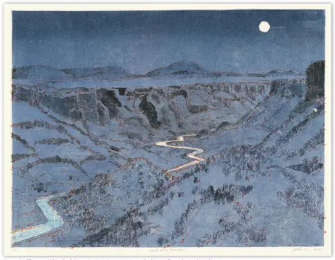  ??  ?? James McElhinney, White Rock Moonrise (2019), monoprint with chine colle and mixed media; opposite page, Mike Glier, Quiet: Lama, New Mexico (2019), oil on hardboard