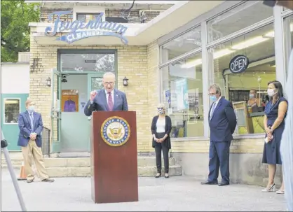  ?? Paul Buckowski / Times Union ?? Senate Minority Leader Charles Schumer speaks at a news conference outside of Feigenbaum Cleaners on Thursday in Glens Falls. Schumer held the press event to discuss the possibilit­y of another round of Payroll Protection Program money for businesses.