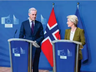  ?? Foto: Ingrid Brandal Myklebust, SMK/NTB ?? U Statsminis­ter Jonas Gahr Støre møtte Europakomm­isjonens president Ursula von der Leyen i april 2023. Det er på høy tid å ta debatten om EU-medlemskap, mener Guri Melby.