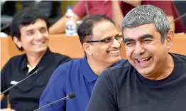  ?? — PTI ?? Infosys CFO Ranganath ( from left), COO Pravin Rao and CEO Vishal Sikka during a press conference to announce the Q1 results of the company.