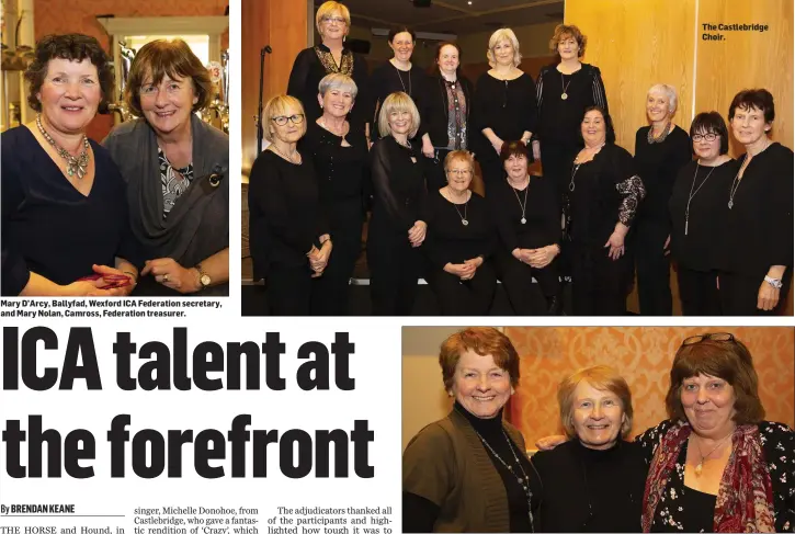  ??  ?? Mary D’Arcy, Ballyfad, Wexford ICA Federation secretary, and Mary Nolan, Camross, Federation treasurer. The Castlebrid­ge Choir. ‘3 Nualas from Monaseed ICA’ (from left) Margaret Gilbert, Dolores Tindell and Susan Nolan.