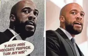  ?? SCREENSHOT FROM CAMPAIGN MAILER ?? Supporters of Senate candidate Mandela Barnes have called into question a campaign mailer produced by the state Republican Party that uses a filter to darken an image of Barnes. At right is the original photo of Barnes.