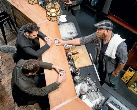  ?? PHOTOS: CHRISTEL YARDLEY/WAIKATO TIMES ?? Brad Arnold as the barman, right, Nick Wilkinson (bottom) playing Jimmy Fortune and Sash Nixon playing Daniel Tait in a scene being filmed at Wonder Horse.