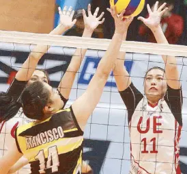  ?? JOVEN CAGANDE ?? UE’s Ma. Shaya Adorador (11) and Seth Rodriguez try to foil UST’s Christine Francisco’s off-speed shot during their UAAP volleyball clash at the Filoil Arena in San Juan.