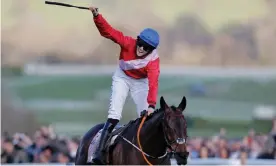  ?? Tom Jenkins/The Guardian ?? Rachael Blackmore celebrates victory on A Plus Tard in the Cheltenham Gold Cup. Photograph: