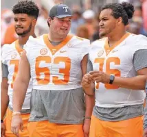  ?? STAFF PHOTO BY ROBIN RUDD ?? Tennessee offensive tackle Brett Kendrick (63) said the Vols’ loss to Florida in Gainesvill­e two years ago left “a bad taste in my mouth” that still lingers. The SEC opener for both teams is today in the Swamp.