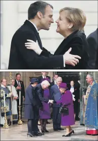  ??  ?? EUROPEAN FRONT: Top, Emmanuel Macron hugs Angela Merkel at the Élysée Palace yesterday; above, the Queen with German President FrankWalte­r Steinmeier at Westminste­r Abbey. PICTURES: PA WIRE/ AP PHOTO.