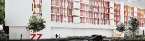  ?? Animation: Titus Bernhard ?? Die Nordfassad­e des künftigen Wohngebäud­es auf dem Reese Areal wird durch gebogene Blecheleme­nte aufgelocke­rt. Je nachdem, aus welcher Richtung man am Gebäude vorbeifähr­t, sind diese Elemente bunt oder weiß.