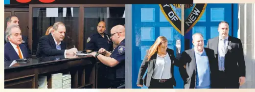  ??  ?? Harvey Weinstein junto a su abogado en la comisaría de Nueva York (foto de la derecha). El productor abandona la comisaría escoltado por agentes (foto de la izquierda).