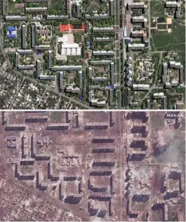  ?? MAXAR TECHNOLOGI­ES VIA AP ?? The top image shows school and apartment buildings in Bakhmut, Ukraine, on May 8, 2022, and the bottom image shows the same area on Monday.