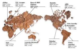  ??  ?? Şekil 3. Tüm dünyada TSX ve TSXV’ye kayıtlı maden firmaları1 (Bir firma birden çok proje ve ülkede bulunabilm­ektedir.)
