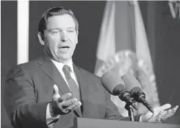  ?? LYNNE SLADKY/AP ?? Florida Gov.-elect Ron DeSantis speaks during a luncheon, Monday in Tallahasse­e.