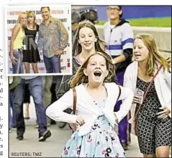  ?? REUTERS; TMZ ?? Young Taylor Swift fans cheer outside Denver court Monday after the pop star won her suit against radio DJ David Mueller, who was photograph­ed groping her (inset) while posing with his girlfriend.