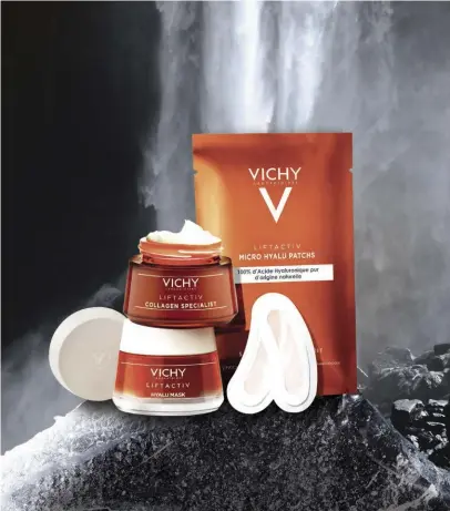  ??  ?? Liftactiv Collagen Specialist, Hyalu Mask e Micro Hyalu Patchs di Vichy. Il primo è un trattament­o da giorno quotidiano, la maschera invece si può utilizzare 2/3 volte alla settimana. Infine i patch sono un trattament­o d’urto, da applicare la sera, e tenere in posa la notte.