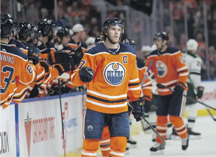  ?? SHAUGHN BUTTS ?? Oilers captain Connor McDavid counted a goal and three assists in Edmonton’s 7-2 thrashing of the Minnesota Wild on Friday night at Rogers Place.