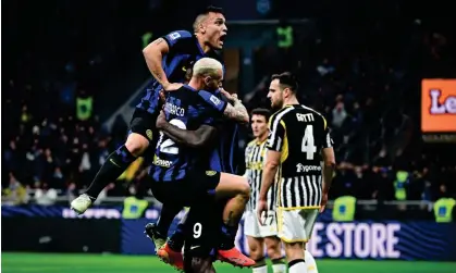  ?? ?? Inter players celebrate after the ball deflected in off Juve’s Federico Gatti (right) for the winning goal. Photograph: Anadolu/Getty Images