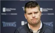  ?? MARK HUMPHREY — THE ASSOCIATED PRESS ?? Tennessee Titans general manager Jon Robinson listens to a question during a news conference Monday in Nashville to announce the firing of head coach Mike Mularkey.